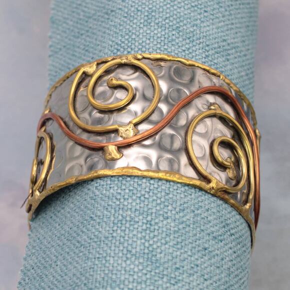 Mixed Metal Wire Spirals Silver Hammered Cuff Bracelet - Picture 3 of 5
